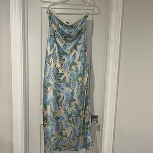 Strapless Floral Dress in Blue and Cream